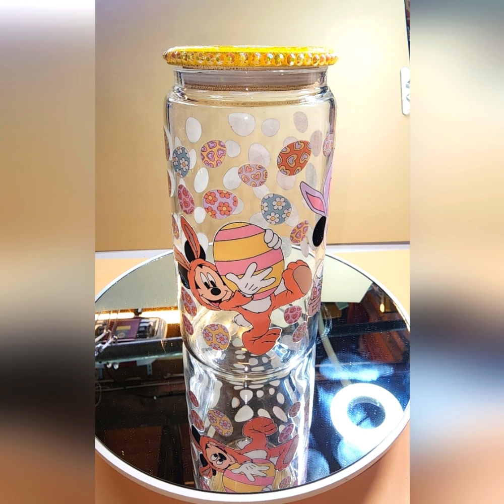 "Mickey and Minnie Bunnies and Eggs" 16oz Glass Tumbler